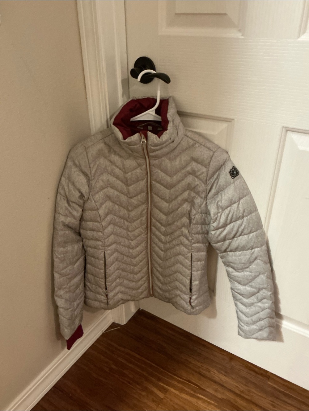 Light Gray Quilted Puff Jacket with Contrasting Pink Lining